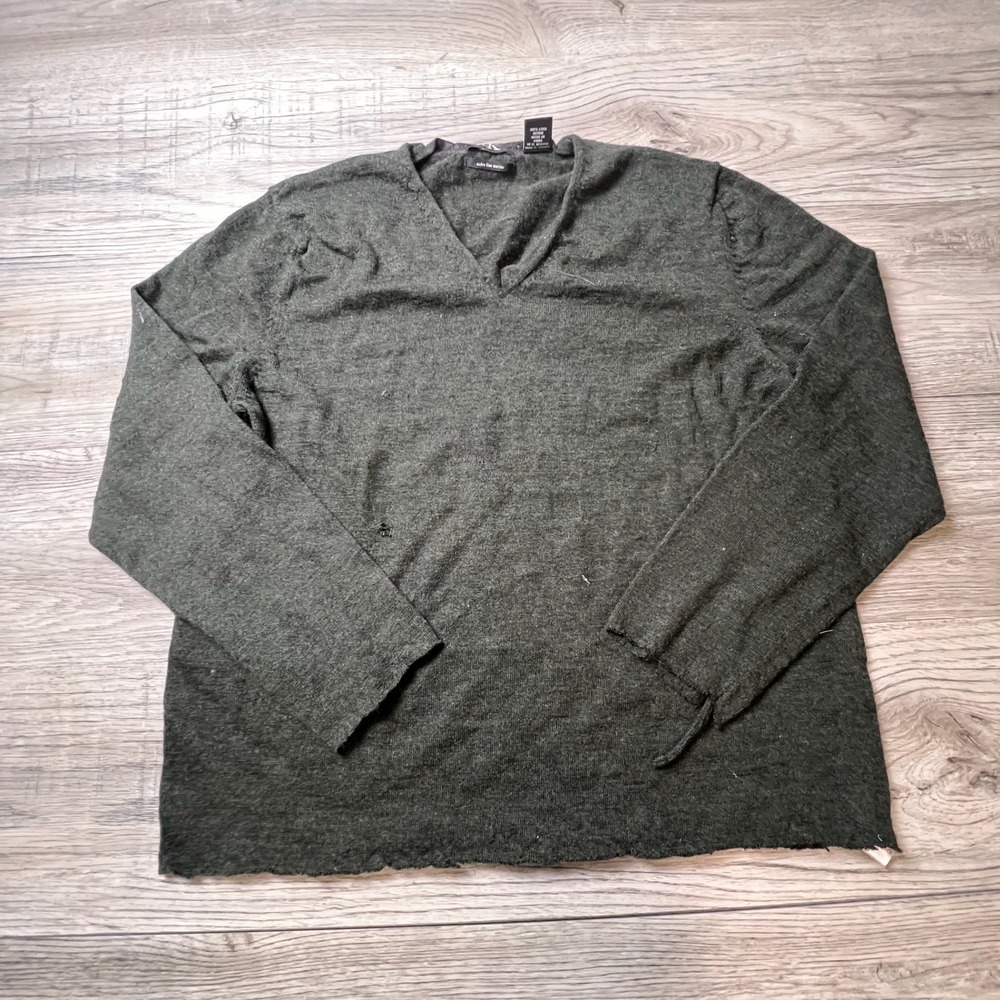 Calvin Klein Sweater Mens L Grey Merino Wool V-Neck Distressed‎ Grunge Knitwear